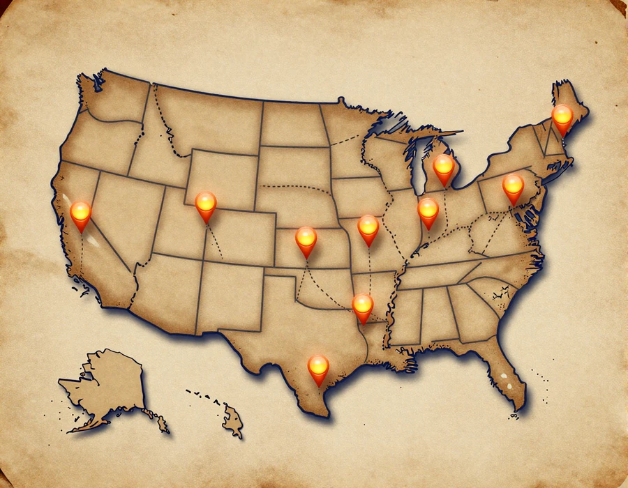 Editorial US map showing 11 trucker dating states covered by Highway Social with glowing sunset-orange pins