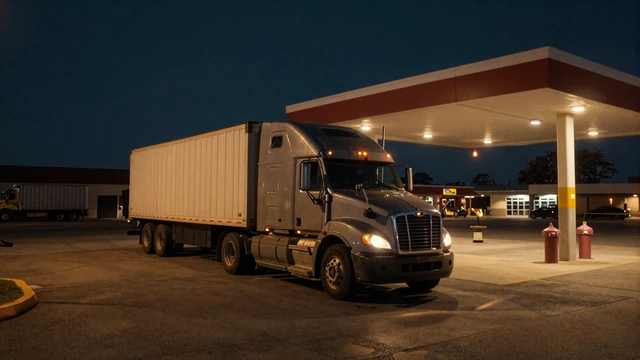 Lone semi truck at a quiet truck stop at night - truck stop loneliness and modern dating