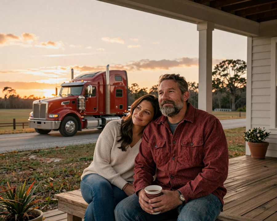 Atlanta trucker couple on porch at sunset - Highway Social southern dating story