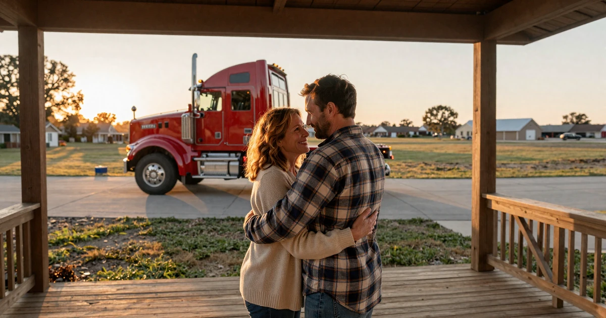 Trucker wife hugs her returning husband on the front porch at sunset, his rig in the driveway