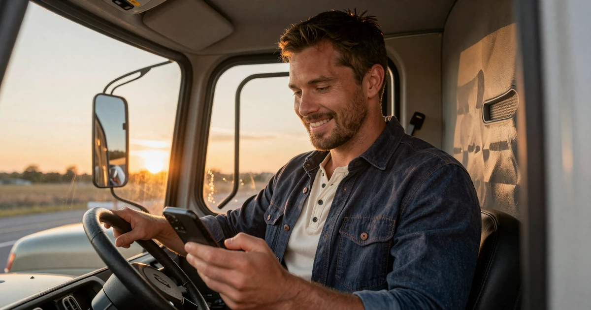 Truck driver reviewing his logbook in the cab while video-calling his partner - balancing trucking schedules with relationships