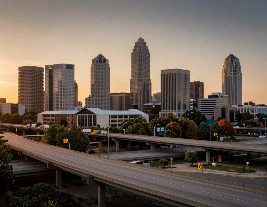 Atlanta downtown skyline at sunset with I-75 / I-85 freight interchange - Highway Social city page