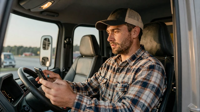 Truck driver checking dating profile from the cab - online dating tips for truckers