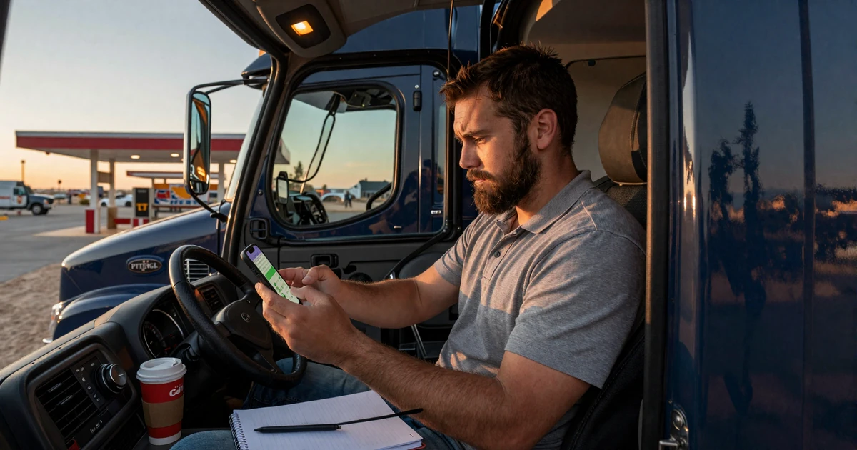 OTR truck driver frustrated with a mainstream dating app inside his Peterbilt cab at a truck stop
