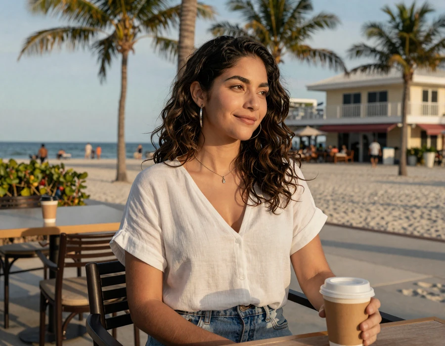 Florida woman enjoying coffee at a Gulf coast cafe - Highway Social trucker dating Florida profile