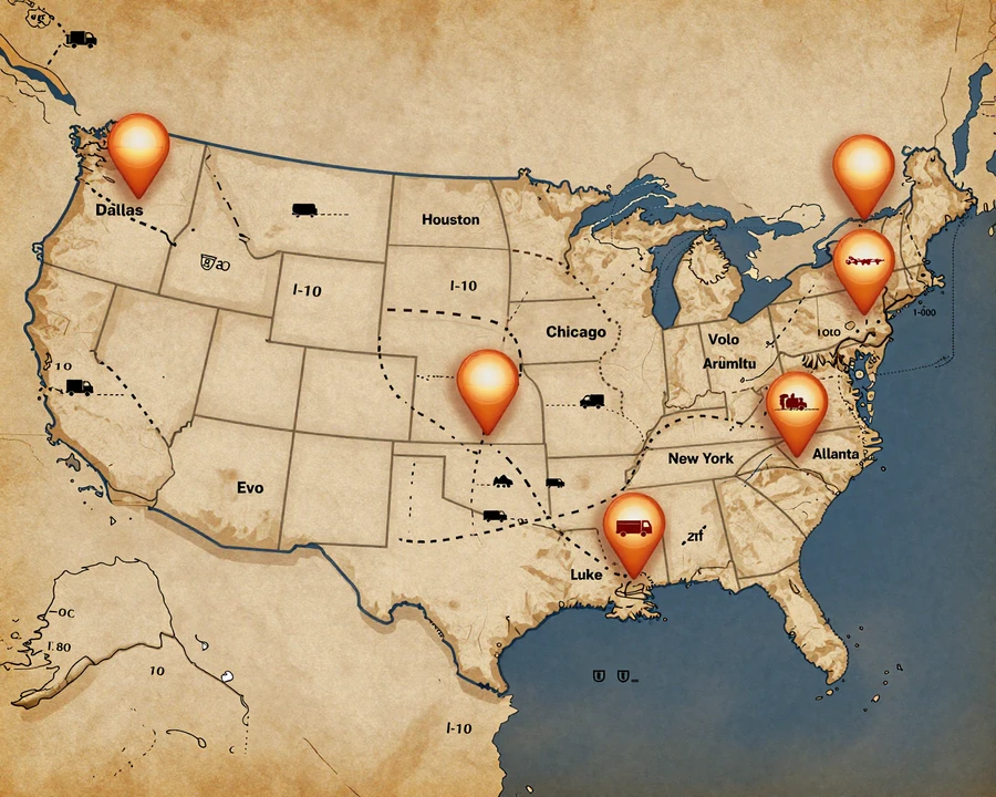 Decorative U.S. map highlighting six freight-hub cities for trucker dating
