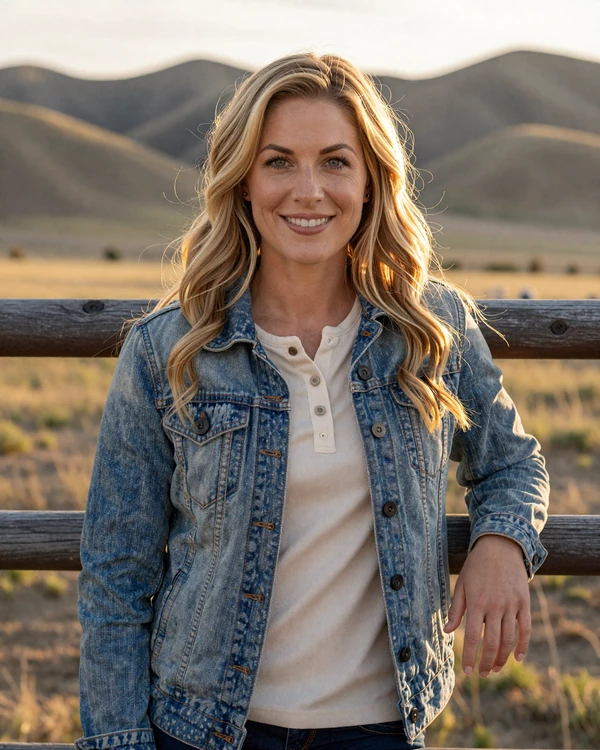 Hannah, 34, Cheyenne Wyoming trucker dating profile photo on ranch at sunset