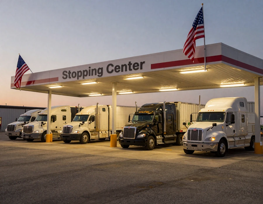 Texas truck stop at dusk with parked semi trucks - Lone Star trucker dating lifestyle