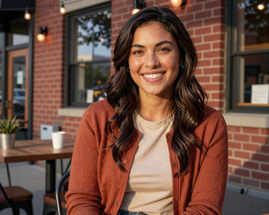 Single woman in Atlanta interested in trucker dating, smiling at a downtown cafe