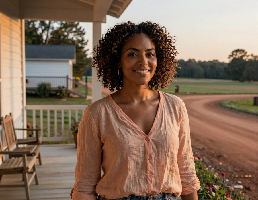 Black woman on a Georgia porch at sunset - Highway Social member who loves dating long-haul truck drivers