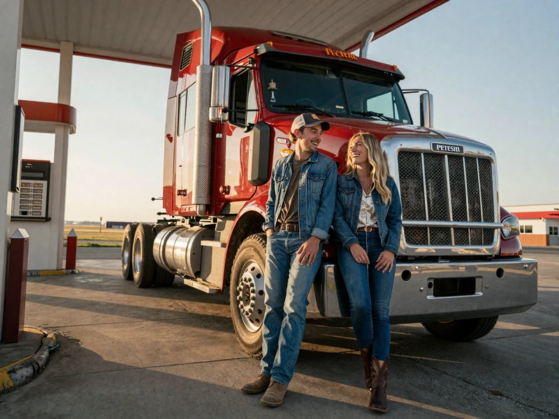 Highway Social couple at a roadside truck stop - open road romance brand philosophy