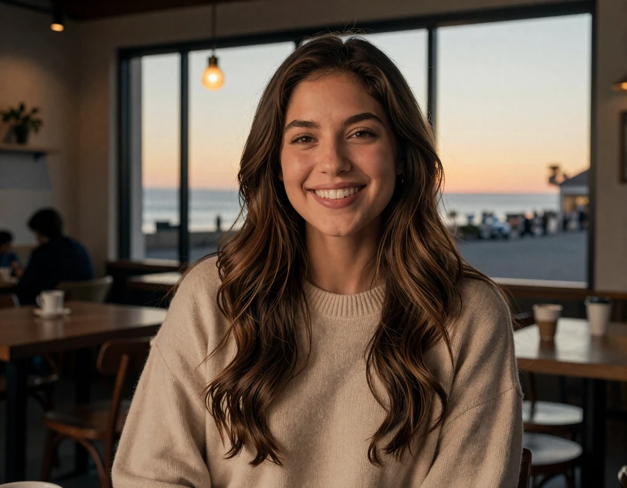 California woman smiling warmly at coastal coffee shop - Highway Social trucker dating profile
