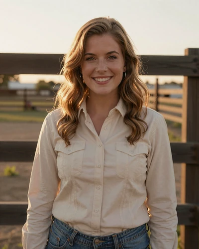 Hannah, 31, Fort Worth Texas - trucker dating profile in cream Western shirt at golden hour
