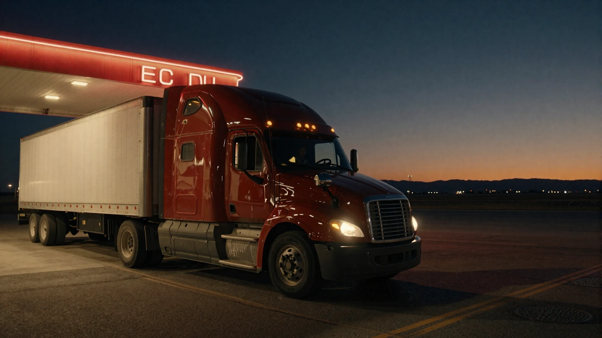 A solitary semi truck parked at a neon-lit truck stop at night - the daily reality of OTR loneliness