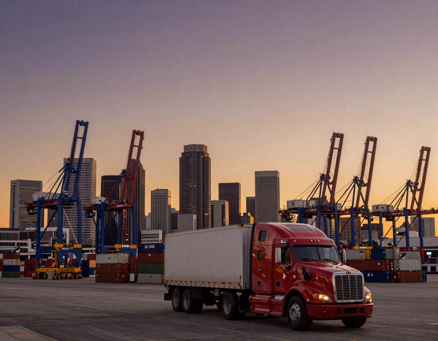 Port of Los Angeles skyline at dusk with semi-truck - California city trucker dating hub