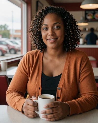 Janelle from North Platte, Nebraska - trucker dating profile, fleet dispatcher at a diner counter