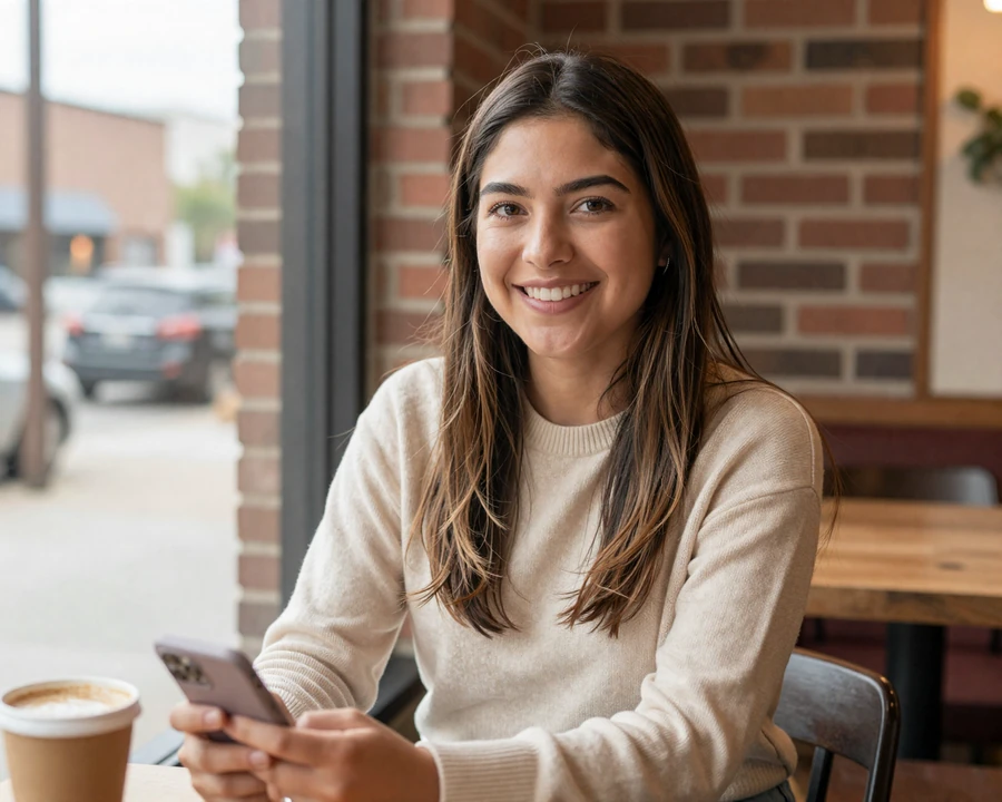 Latina woman smiling at a Bishop Arts Dallas coffee shop - trucker dating Dallas member preview
