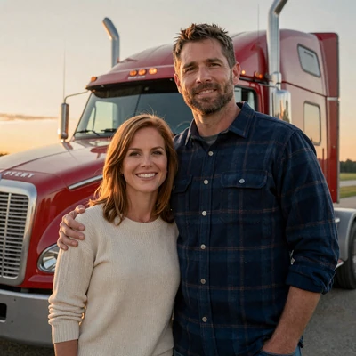 Jake and Emma, real long distance trucker couple, in front of their Peterbilt at golden hour