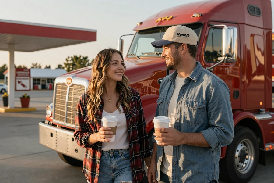 Couple sharing coffee outside a Kenworth semi truck - featured trucker dating article on Highway Social