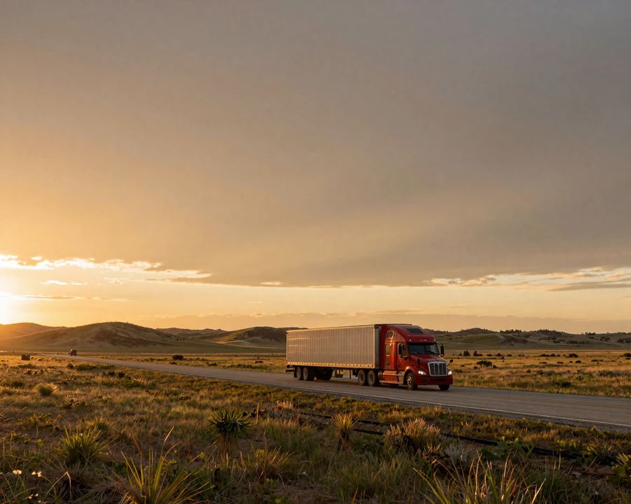 Red semi-truck on a rural Texas highway at sunset - Texas trucker dating statewide hub