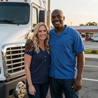 Brook and Jonny Rogers, married trucker couple, outside their Freightliner at golden hour