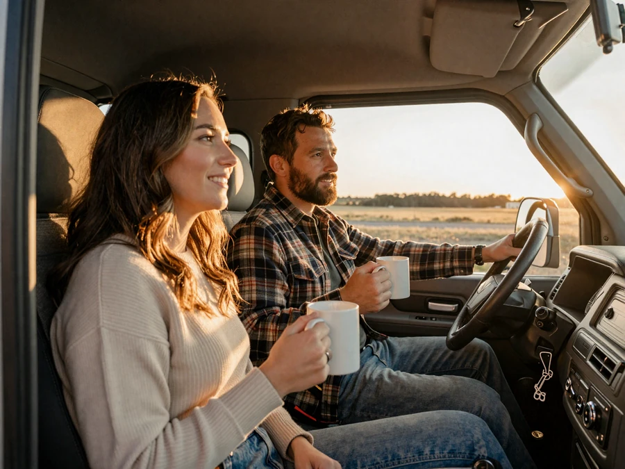 Trucker couple sharing morning coffee in their cab at sunrise - life on the road dating