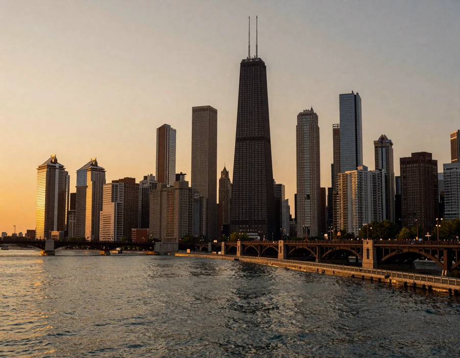 Chicago skyline at sunset over Lake Michigan - Chicago trucker dating hub