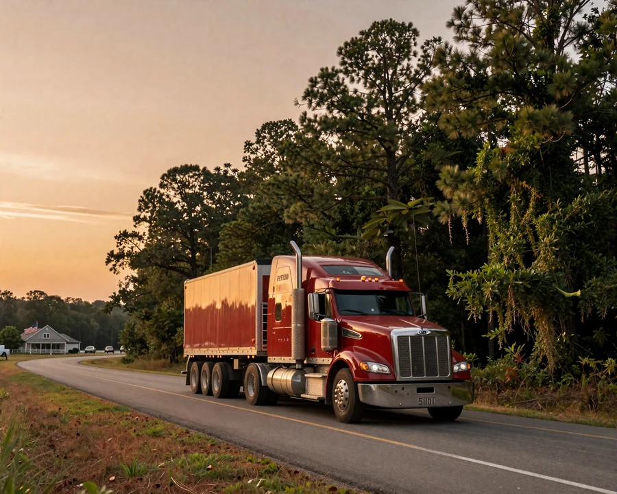 Red semi truck on rural Georgia highway - trucker dating beyond Atlanta metro