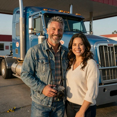 Mike and Sara, real long-haul couple, in front of his Peterbilt rig at golden hour