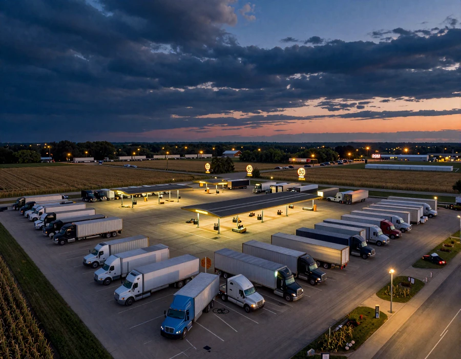 Aerial view of Iowa 80 truck stop in Walcott at dusk showing rows of parked rigs along the I-80 trucker dating corridor
