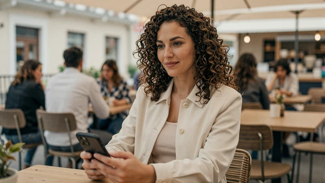 Confident woman at outdoor cafe with phone - safe dating tips for women connecting with truckers