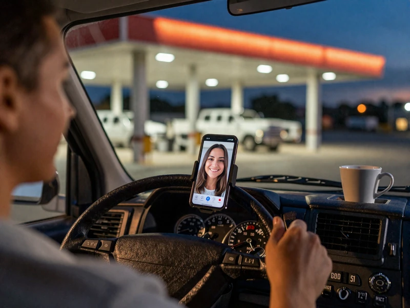 Truck driver on a FaceTime call with his partner from inside the cab at night - long distance trucker relationship