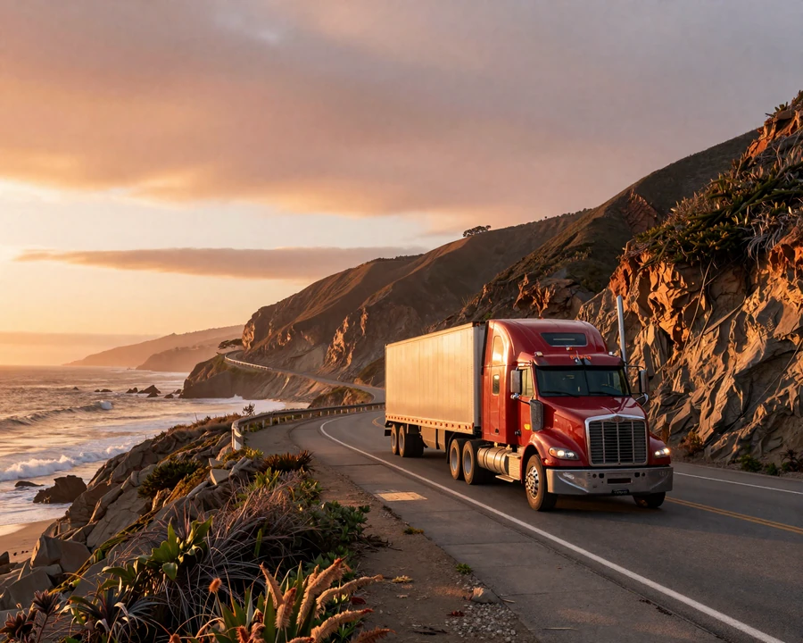 California coastal highway with semi-truck - California trucker dating beyond Los Angeles