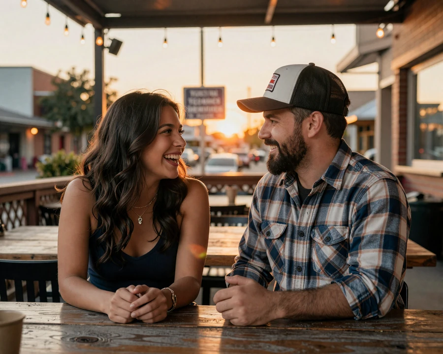 Houston couple at a Tex-Mex patio at sunset - trucker dating Houston lifestyle