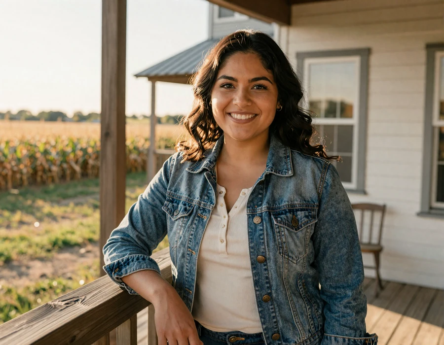 Friendly Latina Nebraska woman on a farmhouse porch at golden hour - Highway Social trucker dating member preview