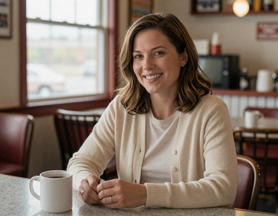 Ohio woman smiling at a small-town diner - heartland trucker dating profile photo