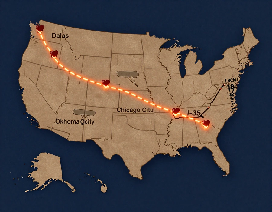 Illustrated US route map showing how route-based trucker dating matches connections along a freight corridor instead of a single city