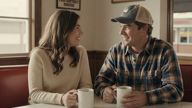 Smiling couple at a rustic diner - how to date a truck driver guide