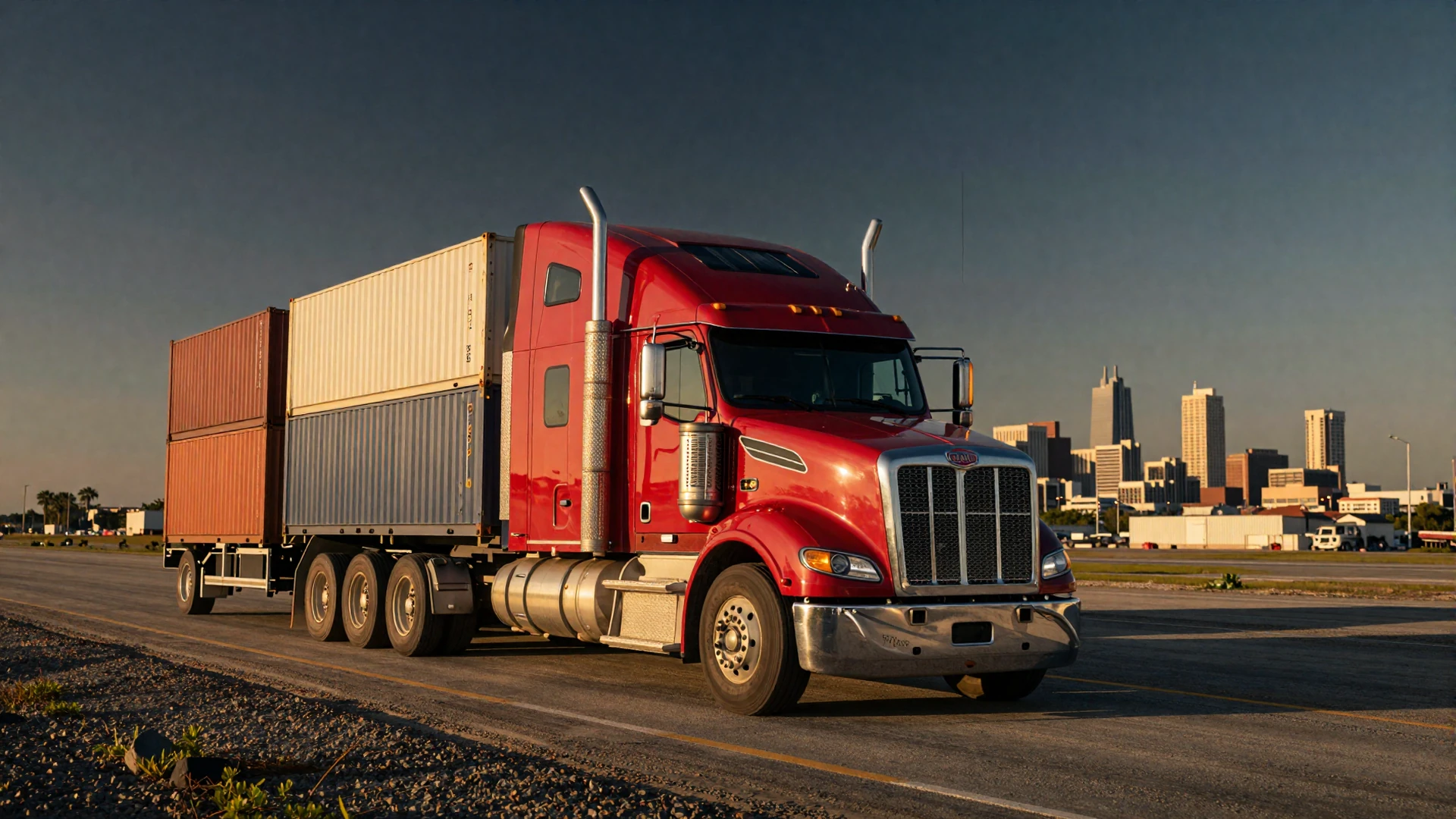 Red semi-truck on I-10 entering the Port of Houston at golden hour - trucker dating Houston hero image