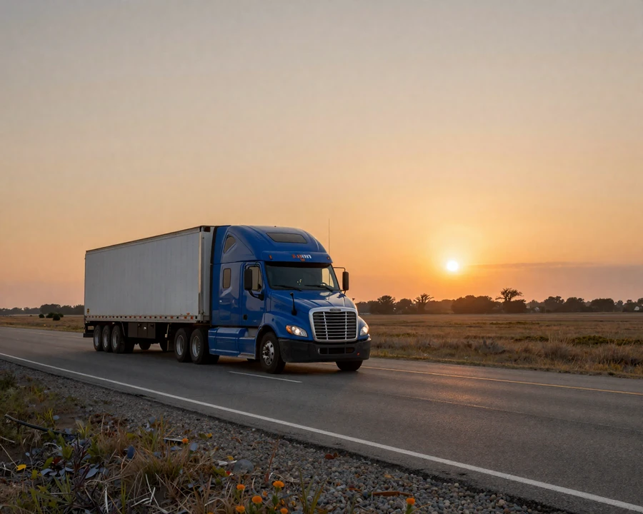 Blue Freightliner heading north on I-45 from Houston to Dallas at sunset - Texas trucker dating bridge image