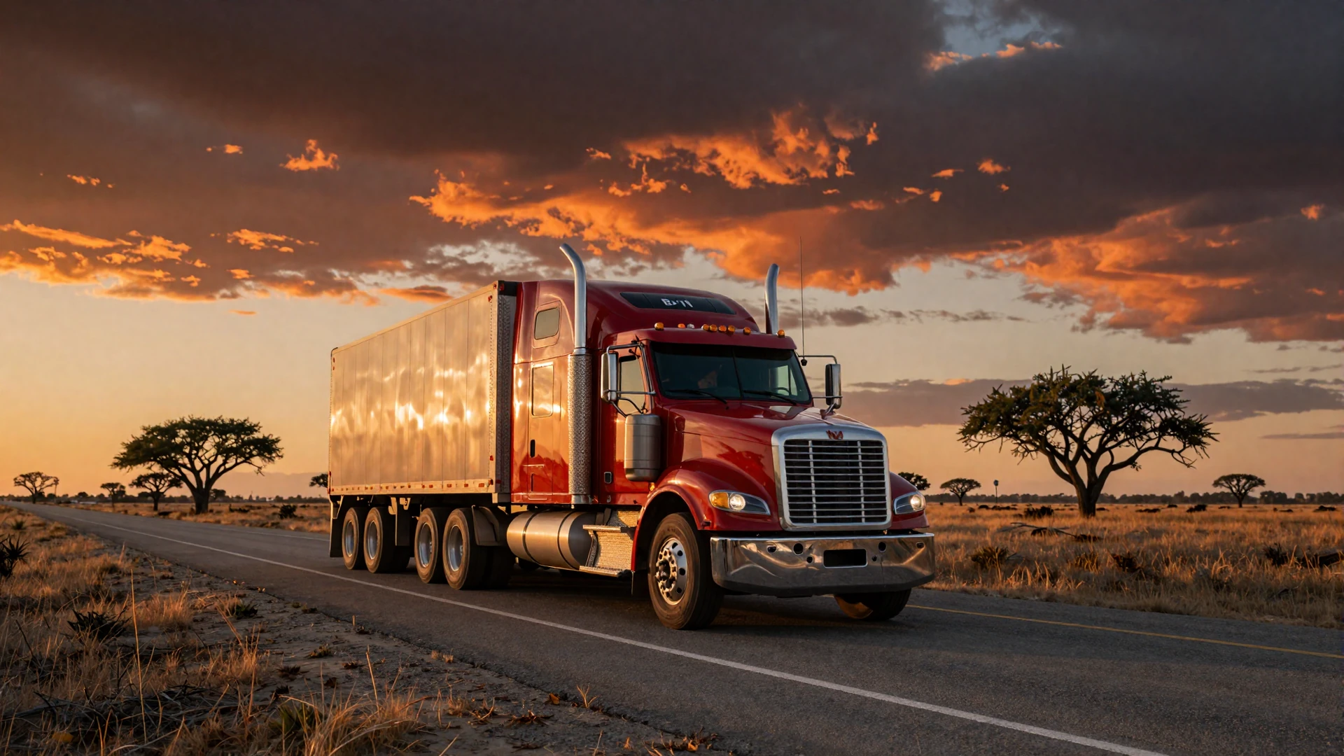 Texas I-10 highway at sunset with red semi truck on Lone Star prairie - Highway Social trucker dating Texas