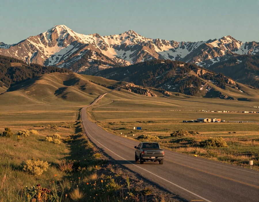 Wyoming open prairie highway leading to snowcapped Wind River mountains - the open road romance core of trucker dating Wyoming