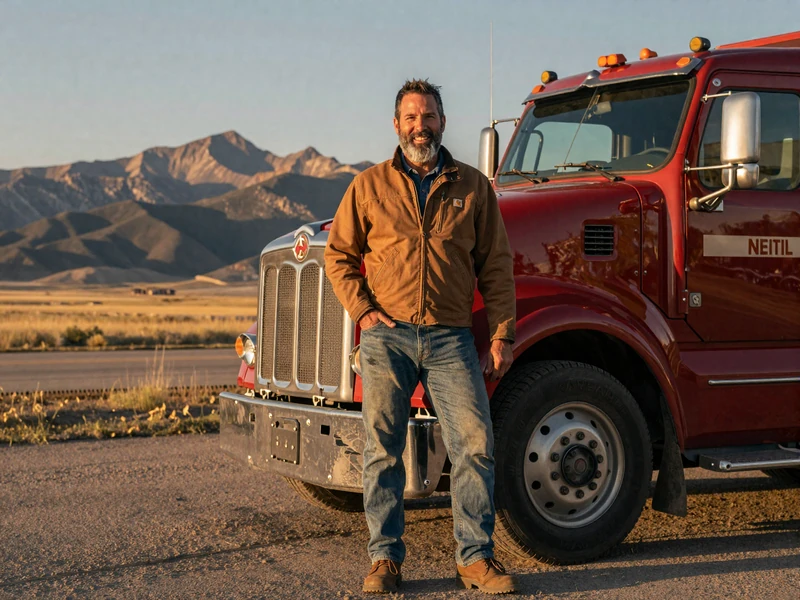 Truck driver Tom standing beside his Kenworth at a Wyoming pull-off - authentic lifestyle profile photo for trucker dating site