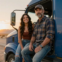 Vi and Lee, Highway Social trucker couple in their Peterbilt cab on I-80 Nevada