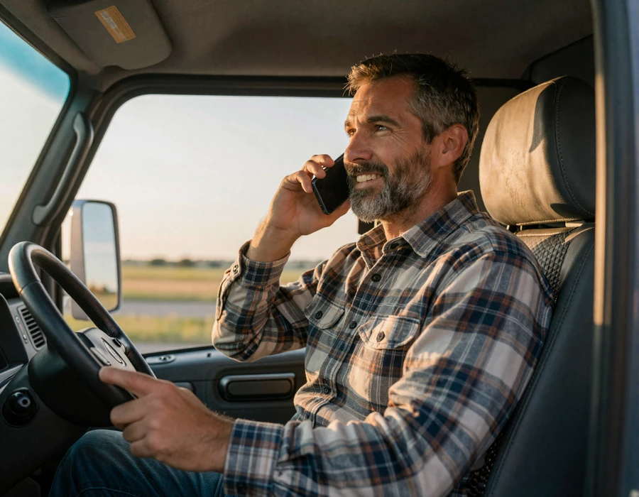Trucker on a video call with his partner from the cab at golden hour - modern long-distance connection