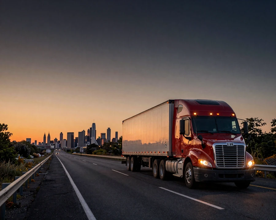 Red semi-truck on I-95 northern New Jersey with Manhattan skyline at dusk - East Coast trucker dating beyond New York
