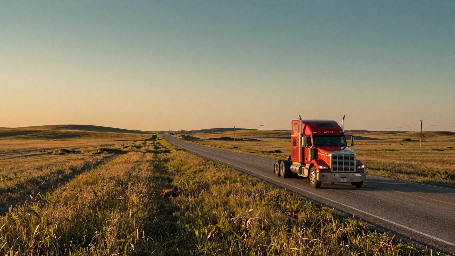 Nebraska prairie sunset with I-80 vanishing point and a semi-truck heading west