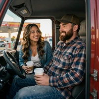 Vi and Lee, real Highway Social trucker couple, sitting in their Kenworth cab at sunrise